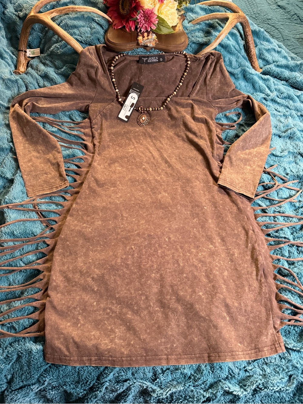 Lucky & Blessed Brown Fringe Mini Dress Size Small Western Boho Stretch NWT